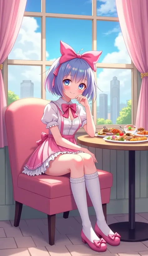 masterpiece, Highest quality, High Resolution, very detailed,(((Girl with pretty hair))), (((Japanese anime))), (((short hair full of pee))), (((design with frills and ribbons))), (((big ribbon))), (((white socks up to the thigh))), (((pink lollipop shoes)...