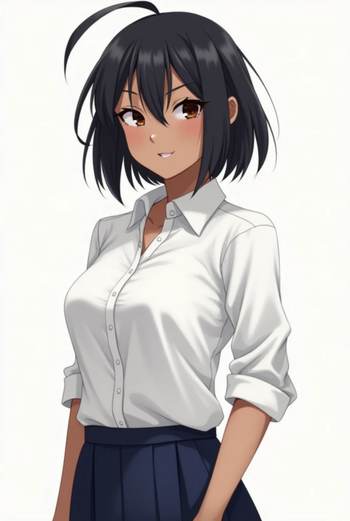 Slim and athletic build

Dark hair, straight and short, hairstyle with a raised strand

Large expressive dark brown eyes

Brown skin

School uniform: white blouse with long sleeves rolled up and navy blue skirt

First buttons of the blouse unbuttoned

Play...