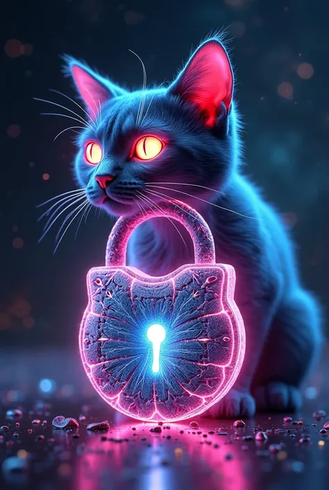 A psychedelic, 3D digital art of a sleek, futuristic cat premium natural lock. The lock is encased in glowing, dynamic geometrical patterns, reminiscent of fractals. The cat's eyes glow with neon colors, reflecting the pulsating light emanating from the lo...