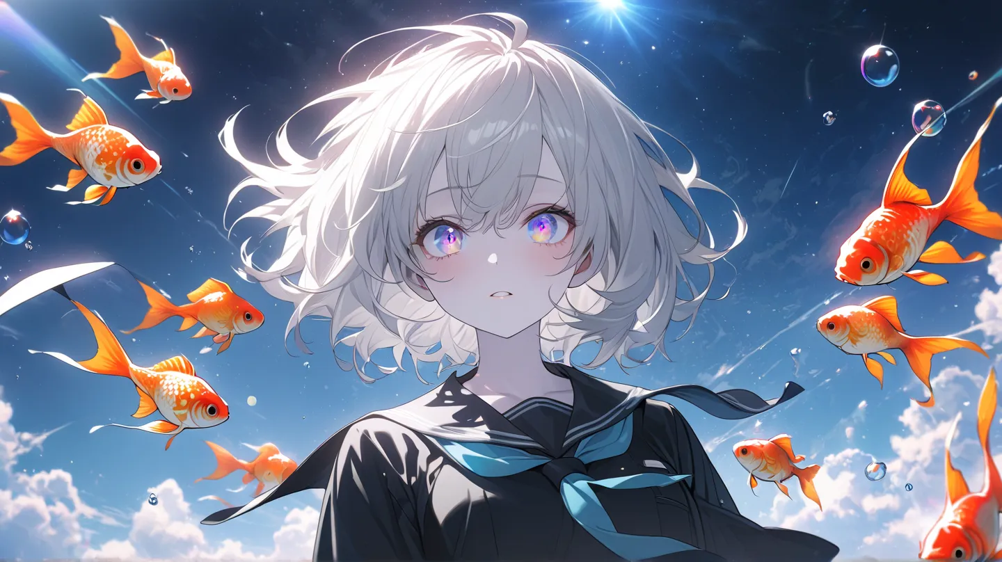 (woman\(student, , ＪＫ,  short hair,  Silver Hair, floating hair, Space-colored eyes,  Black Sailor Suit\(High school\), pale skin,  tired face, I have no light in my eyes\)  look up at the sky), (Many goldfish are swimming in the air), beautiful sky from t...