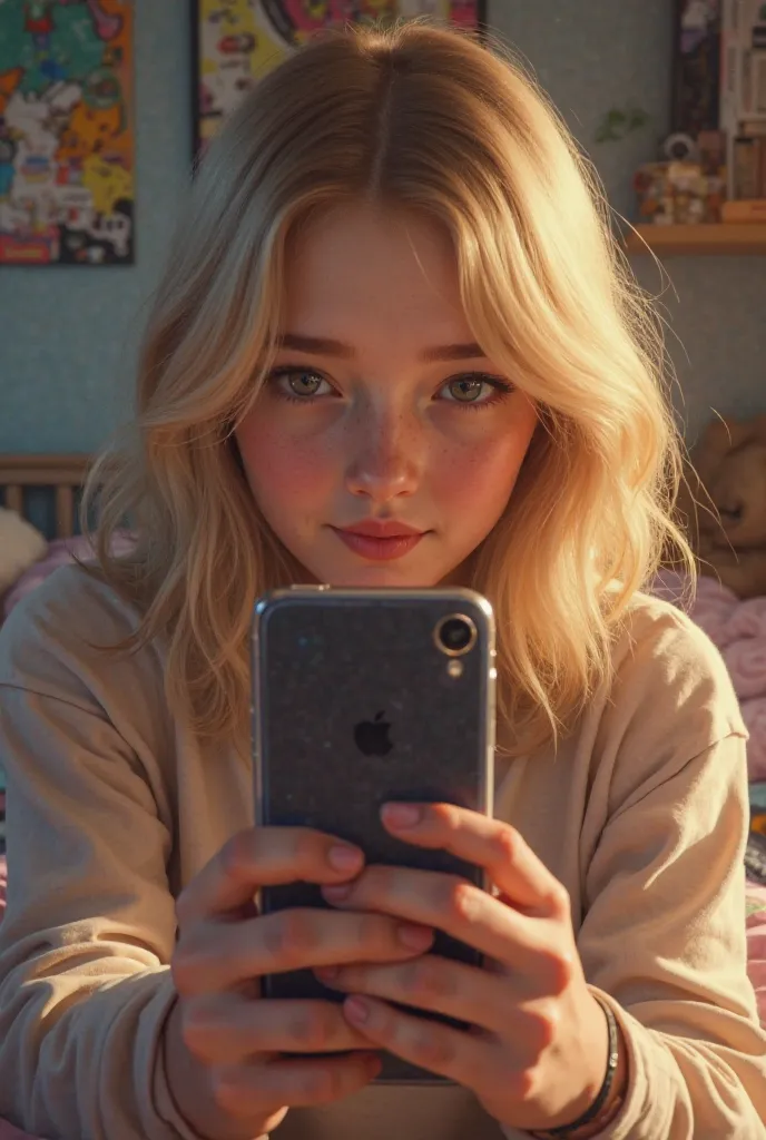 Blonde girl taking a selfie , She is 16 , une photo réaliste, We can't see his phone,   she is in her room  