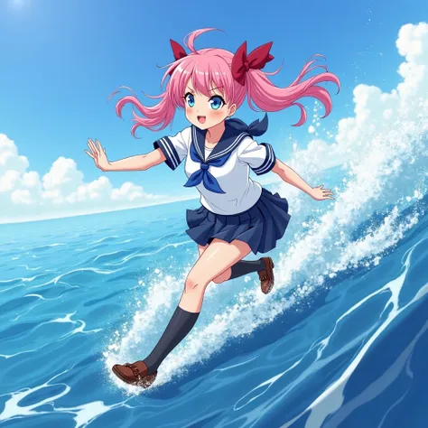  anime style,
oceanの上を高速で走る少女, unrealistic performance on the ocean,  proud smile,
The girl wears a white sailor suit with short sleeves and a navy collar, With blue ribbon., wearing a dark blue skirt, 
 wears black high socks , wearing loafers.
her hairst...