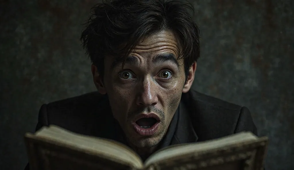 A portrait of Thomas with wide eyes and a mix of shock and fear on his face as he reads the unexpected words dark and realistic 