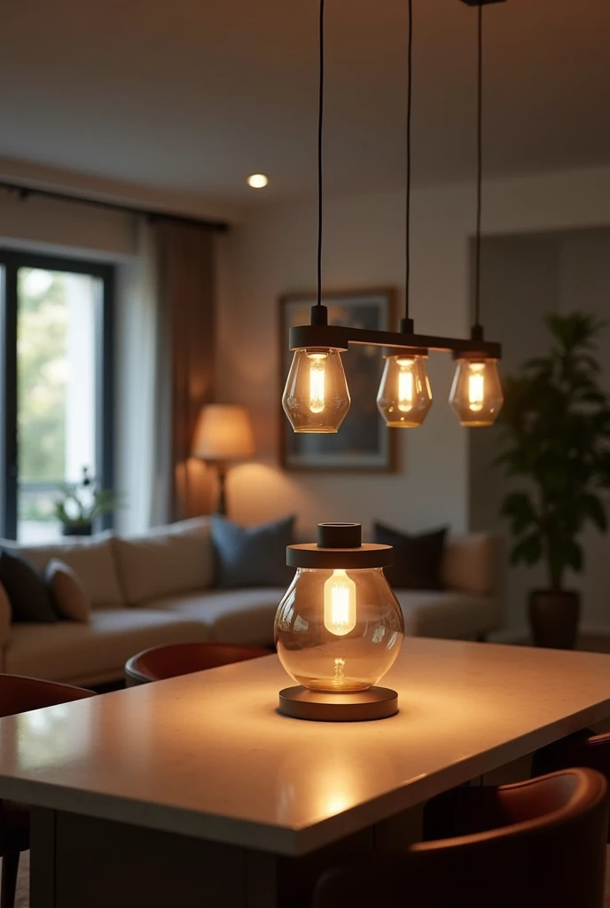 lamp installed in a modern living room with island table