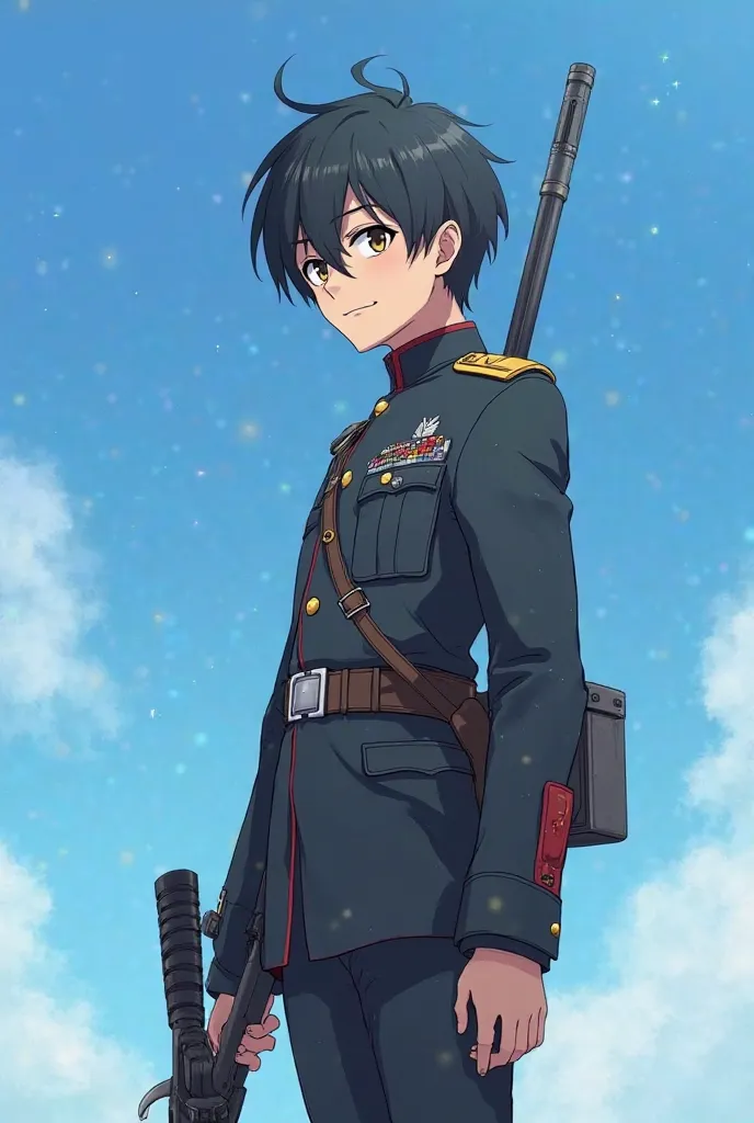  Anime style. anime guy 25 years old with black hair. It's against the blue sky. The guy is wearing a military uniform and holding a weapon in his hand. He's aiming.  he stands sideways. A guy with a crazy smile, crazy guy 