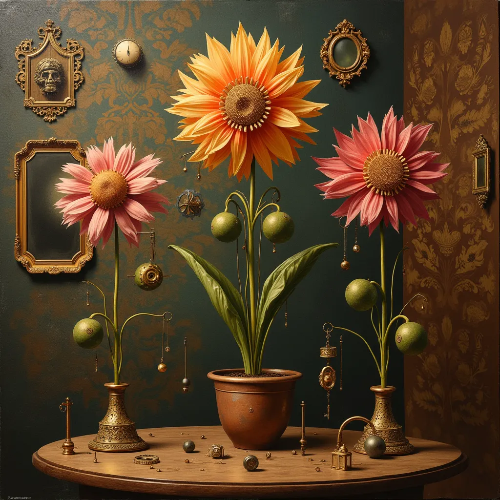 surreal and abstract painting of a mysterious ancient art deco room with different mechanical flowers made of old steampunk machinery, the flower stems are made of copper, the room walls have brown patterned tapestry, classic art, dreamy, surreal, photorea...