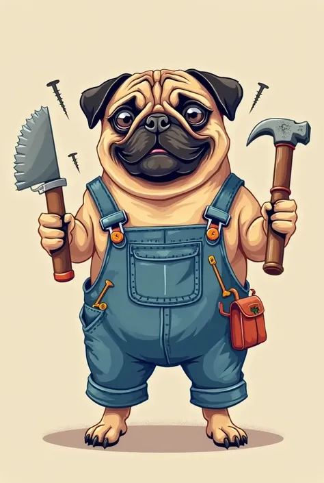 carpentry logo, a pug dog dressed in a jumpsuit, with tools such as a saw, hammer, nails