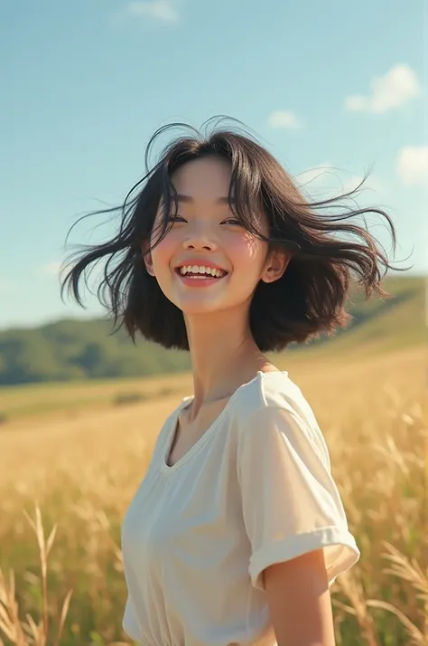 Black-haired woman with short hair smiling happily while the wind blows