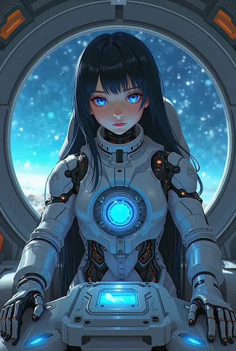 anime style, science fiction, a ten year old girl , long black hair, mechanical blue eyes, cyborg girl , biomechanical , hardware , technological plate fused to her chest ,flat chest , blue light core,  power cables connected to her body , belly , tight, r...