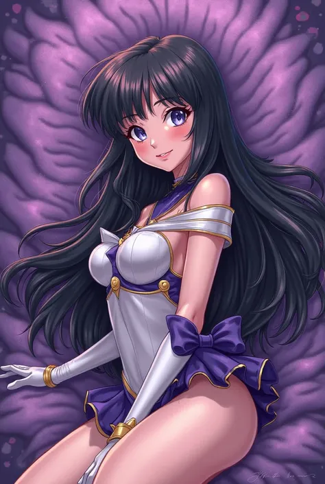 Make me Sailor Saturn a girl, long hair, black hair,  breasts, eyes. Purple plush background Illustration, 