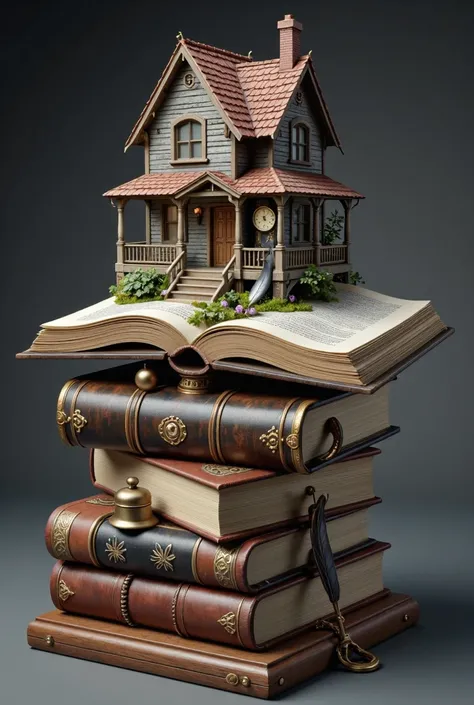 House on a book with a clock on the side and a book and ink