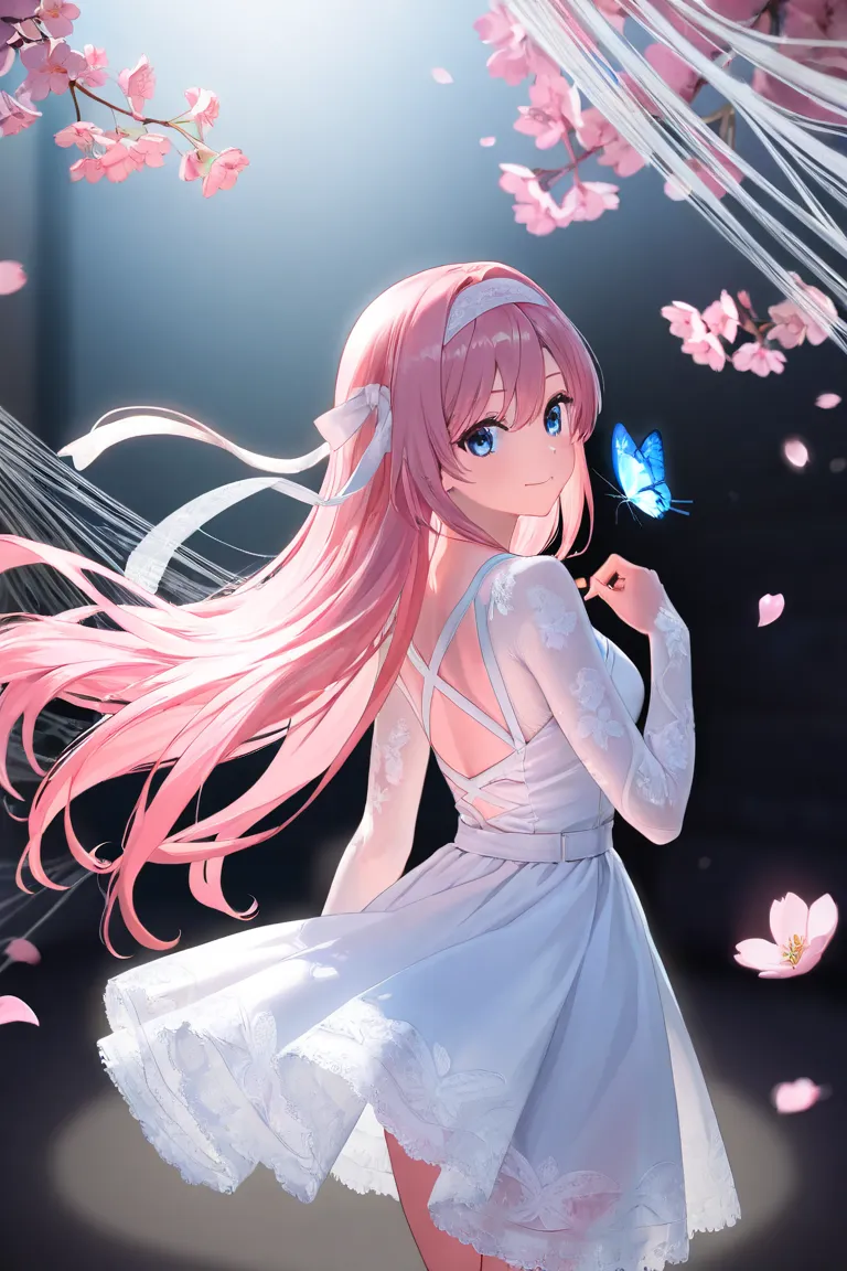 (CG Unity 8K wallpaper very detailed) ( better quality ) (Better lighting) (an extremely delicate and beautiful) (floating) (beautiful) ( spring vibe) (1 girl) (long pink hair), (headband), (detailed and beautiful blue eyes), (( Very Short White Dress, pin...