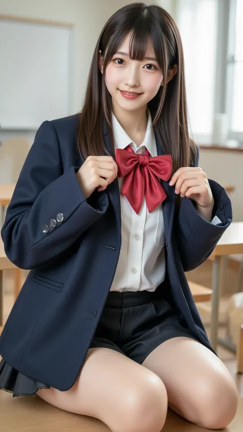 ( It depicts a very young K-pop idol girl wearing a uniform blazer。),((  There's a big heart-shaped chocolate  )),((( Open Your Legs))),((smile)),( attaches a ribbon to the head ),((( Full body shot from one side))),( perfect body),(((  school classrooms))...