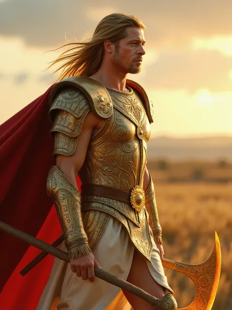 Brad Pitt reimagined as a majestic Norse god Baldur walking and holding a mighty battle-axe､dramatic atmosphere, 1 male､ 

His golden-blond hair flows in windswept waves, framing a sculpted, godlike face with a strong jawline and piercing sky-blue eyes tha...