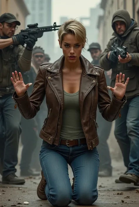  woman with pixie cut hair in brown leather jacket and tight blue jeans with a gun surrendering and kneeling down putting her hands up to thugs 