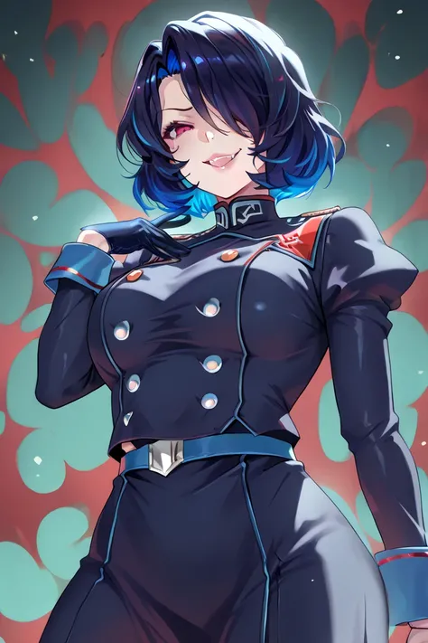 Uniform 1 Big Breasted Girl, blue hair, multicolored hair, detailed eyes, naughty expression, lust,  evil smile, blue glove, red eyes,  short hair, hair over one eye, Sexy Christmas uniform