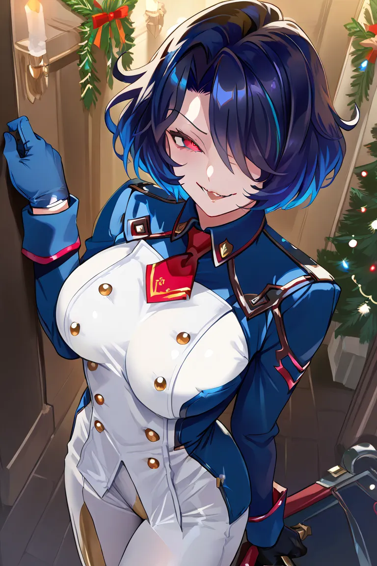 Uniform 1 Big Breasted Girl, blue hair, multicolored hair, detailed eyes, naughty expression, lust,  evil smile, blue glove, red eyes,  short hair, hair over one eye, Sexy Christmas uniform