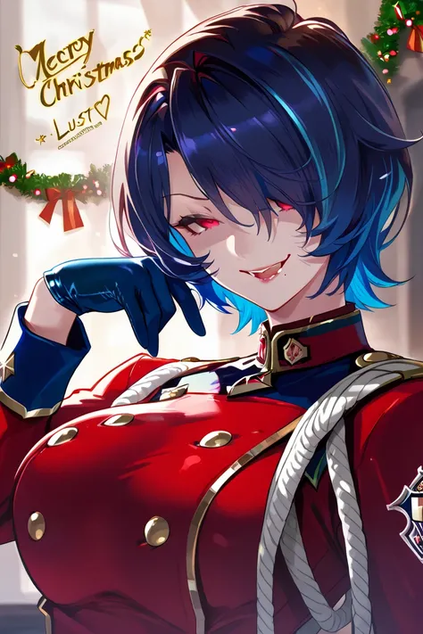 Uniform 1 Big Breasted Girl, blue hair, multicolored hair, detailed eyes, naughty expression, lust,  evil smile, blue glove, red eyes,  short hair, hair over one eye, Sexy Christmas uniform