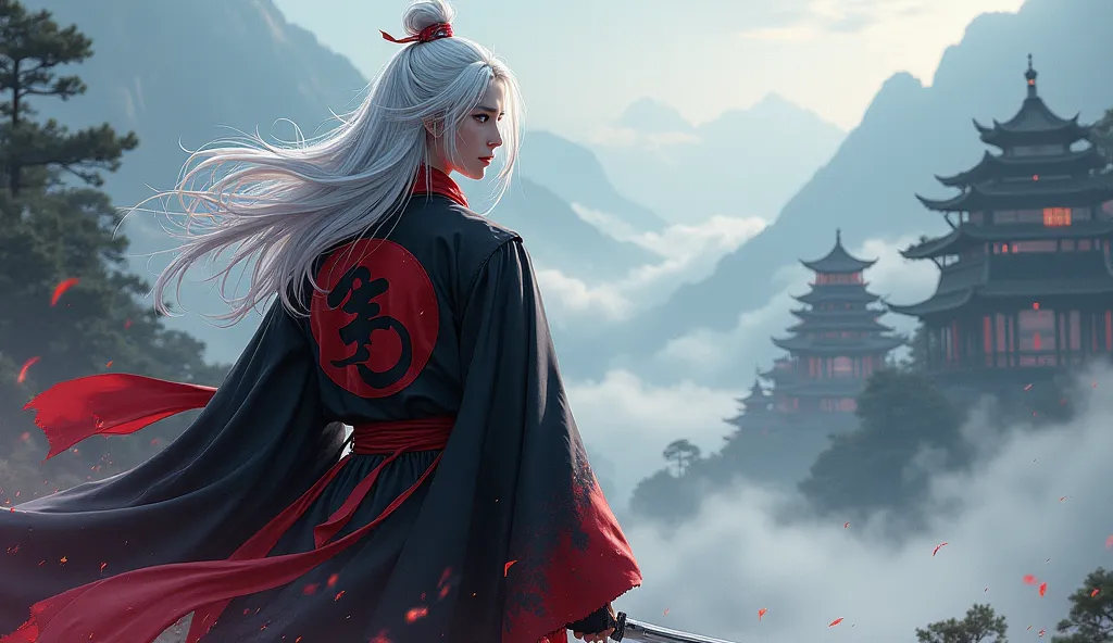  He is wearing a black and red robe with a tai chi pattern on it，Messy Hair，Broken Hair， long white hair ，knight，Very beautiful cyberpunk digital artwork，male focus， handsome， heroic appearance ， holds a kitchen knife in her hand，knight道スタイル，High quality d...