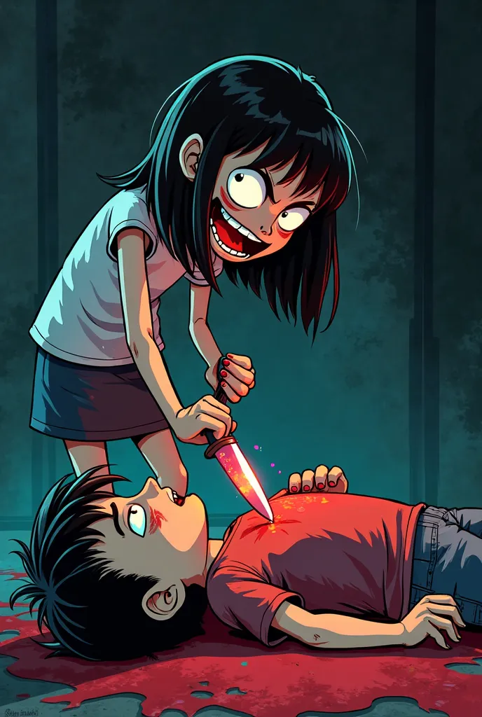 I will create cartoon characters that look like people.The background will be dark. The girl is stabbing the boy in the chest with a knife and the boy is lying face down.