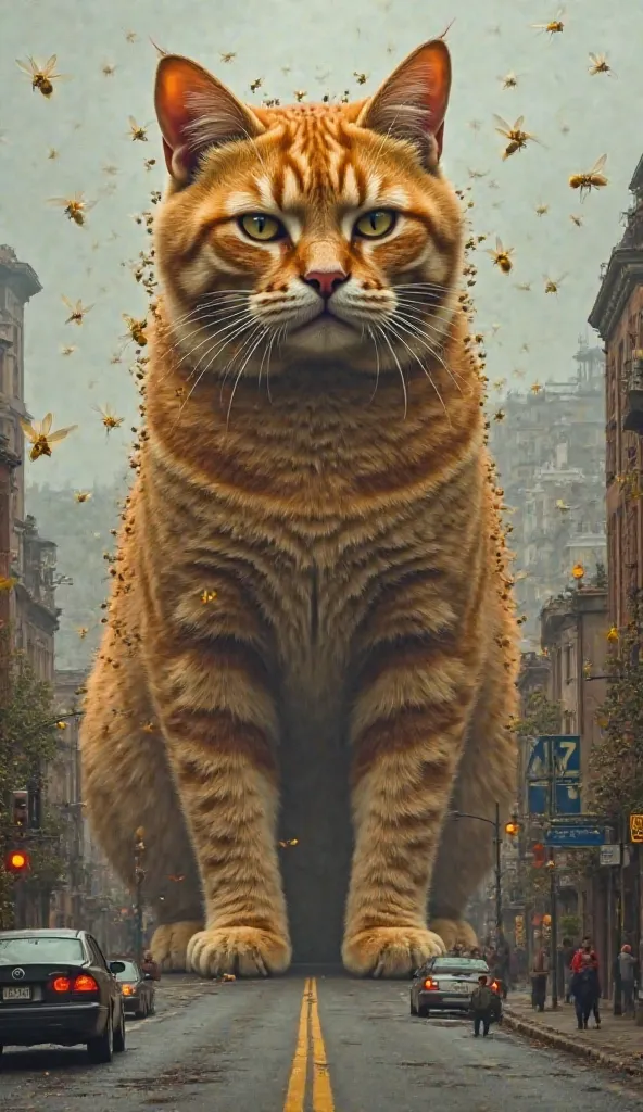 Here’s a detailed prompt for the image you have in mind:

“A colossal orange tabby cat, towering over a miniature city, stands in the middle of a tiny road. Its enormous body is covered in thousands of honeybees, crawling gently over its soft fur without s...