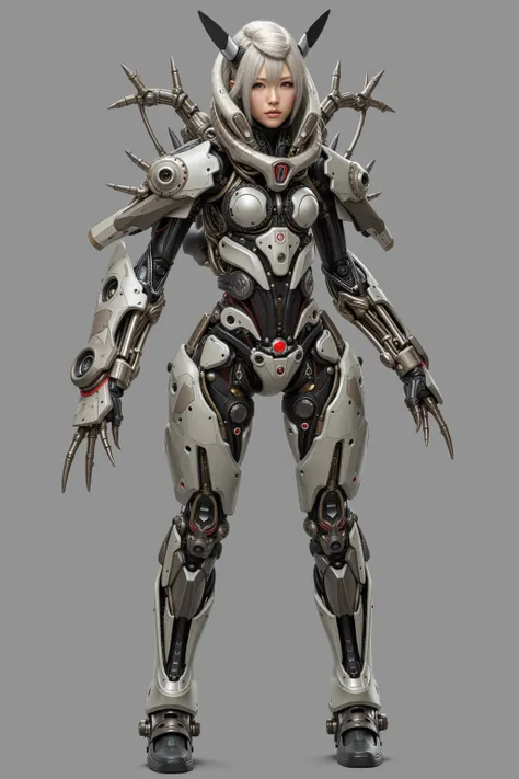 Masterpiece, top quality, 8k, Japanese woman in heavy armed alien-like animal suit, A machine is implanted in the living body, inverted jointed leg, clear color and vivid textures, ultimate realistic beautiful female face, bio-mechanical, ultimate intricat...