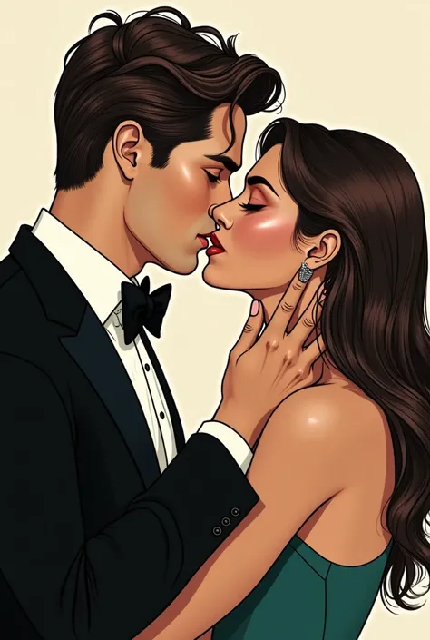  digital illustration, semi-realistic line art, modern comic book of a couple who are kissing passionately Liam is a man of attractive and manly appearance, with naturally disheveled dark brown hair and intense brown eyes . Wear a classic black tux with a ...