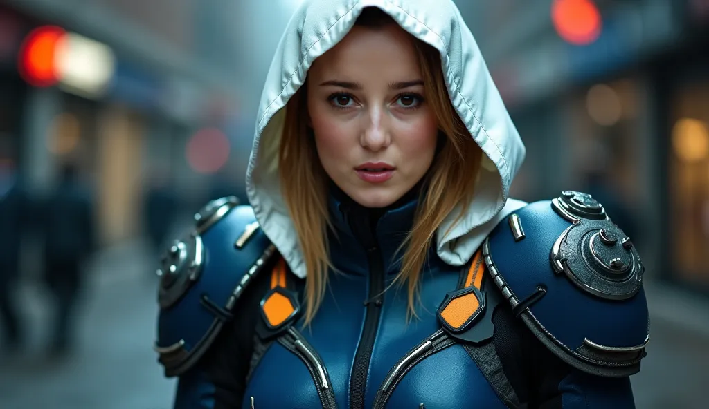 "A cinematic, realistic close-up portrayal focused on the face of a female Taskmaster wearing a dark blue and black tactical suit. She has a white hooded cape, and her costume features silver and orange accents with armor pieces. The scene is set in a grit...