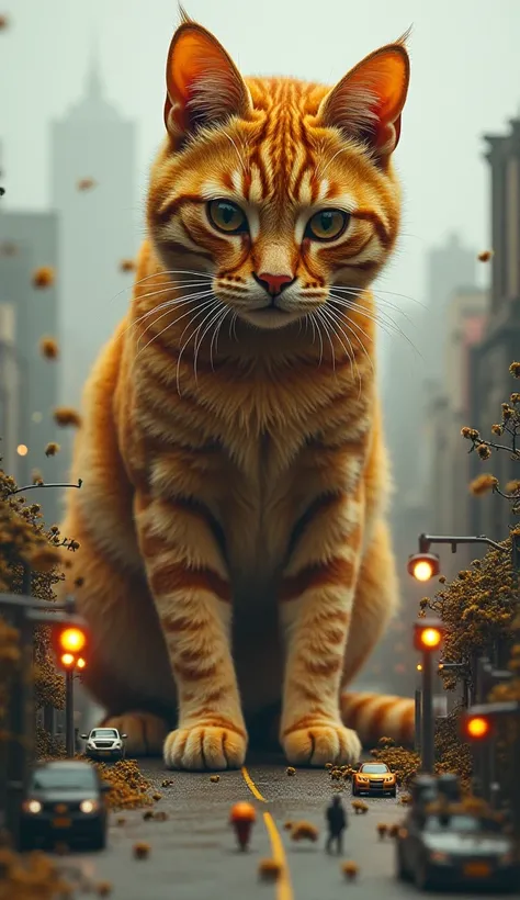 Here’s a detailed prompt for the image you have in mind:

“A colossal orange tabby cat, towering over a miniature city, stands in the middle of a tiny road. Its enormous body is covered in thousands of honeybees, crawling gently over its soft fur without s...