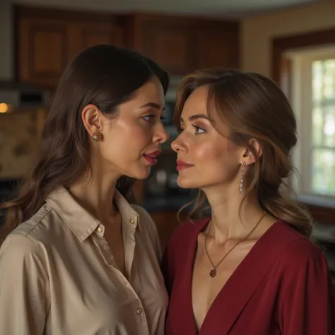 Realistic depiction of two women in a cozy home environment. One is a young daughter-in-law, attractive, with well-groomed hair and elegant clothes reflecting her femininity. The other is her mother-in-law, a mature woman with confident posture, stylish lo...