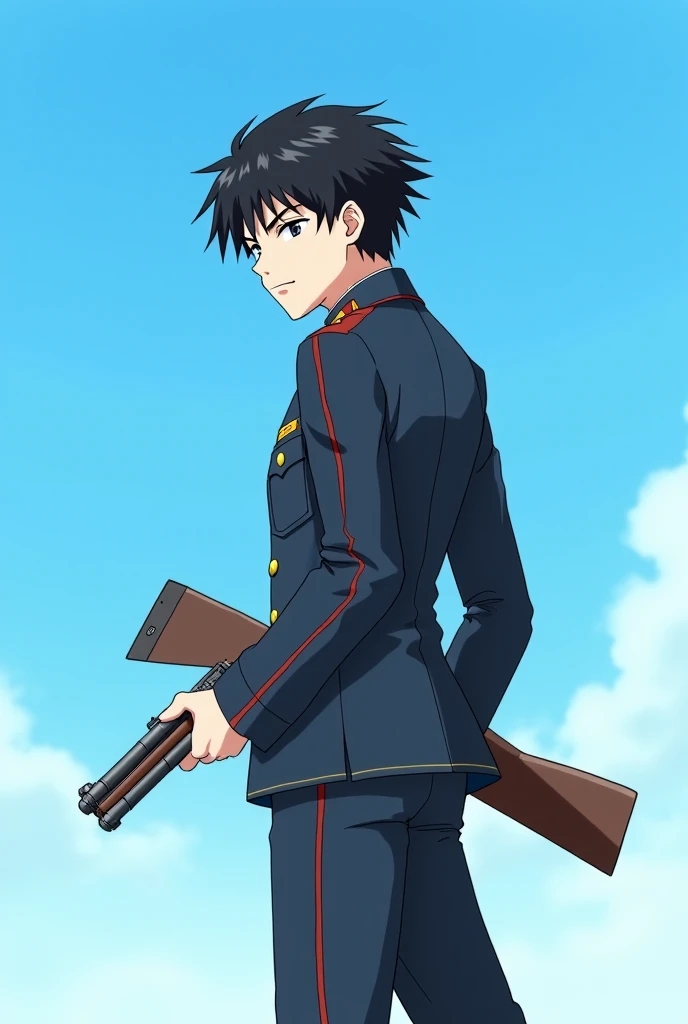  Anime style. anime guy 25 years old with black hair. It's against the blue sky. The guy is wearing a military uniform and holding a weapon in his hand. He's aiming.  he stands sideways. A guy with a crazy smile, crazy guy 