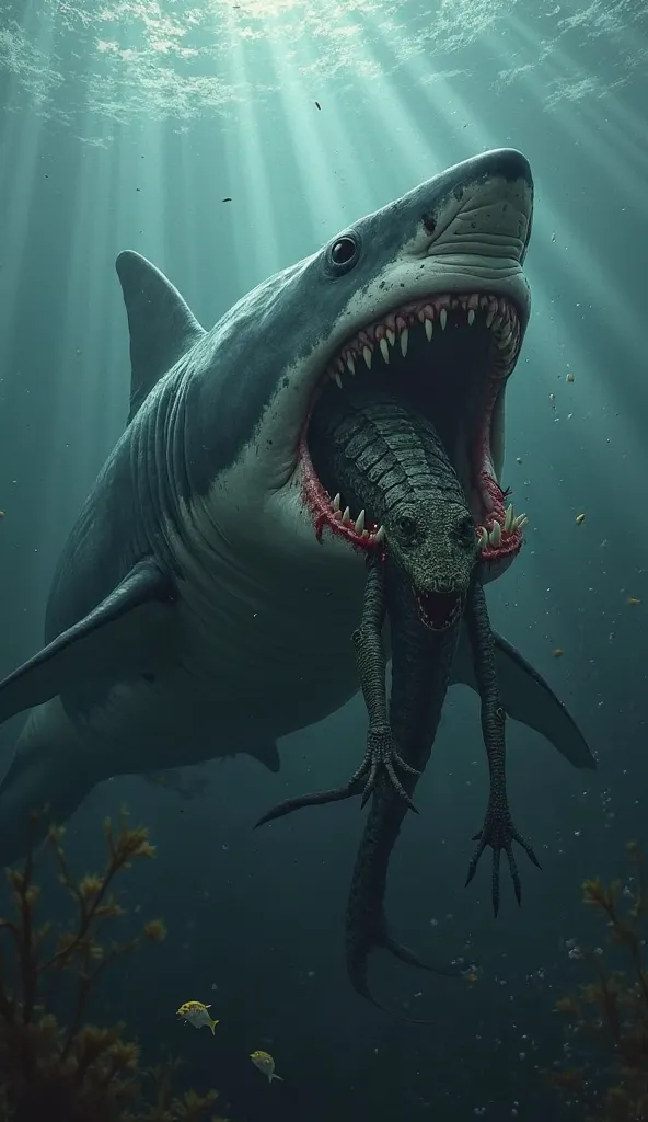 "Create an underwater scene in the ocean where a large, fierce shark has captured a crocodile in its mouth. The crocodile appears injured, with visible scratches and bite marks. The shark itself looks aggressive but injured as well, with scars, torn fins, ...