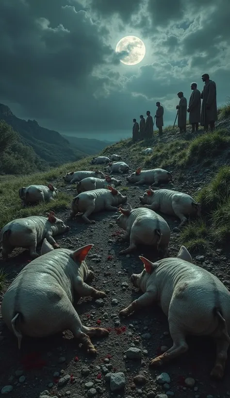 "A herd of dead pigs scattered across the top of a hill in a dark, eerie night, surrounded by lush but haunting scenery. The pigs are depicted in ultra-realistic detail, with their lifeless bodies, visible fur texture, wrinkles on their skin, and natural l...