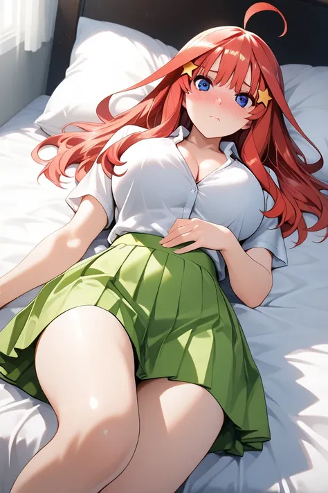 1girl, nakano_itsuki, blue eyes, red hair, long hair, ahoge, star hair ornament, short sleeves, white shirt, collared shirt, green skirt, pleated skirt, JK, (masterpiece:1.3), (ultra detailed:1.3), (best quality:1.3), (extremely detailed CG :1.2), (detaile...