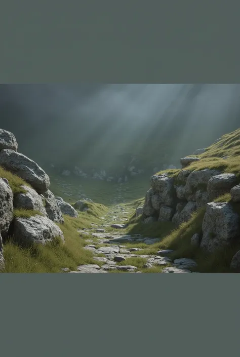 Como uma renderização prop 3D, game dev, iluminação global em fundo branco,Peak District, stones, rocks, haze, mist, diffusion light, bright, evening , oil painting , Turner style, Altamente detalhada, 3d prop, conceito 3d prop, game dev. Realismo renderiz...