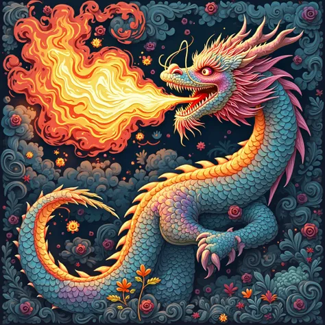 NFT 3D woodcut colorful dragon setting off flashy fire