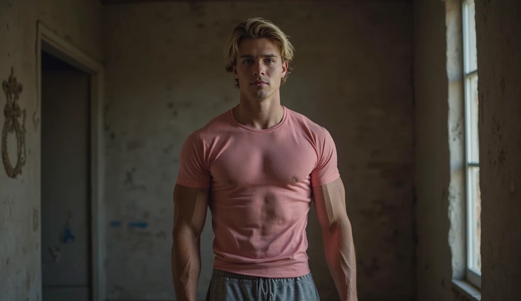 In a poorly lit room, Daniel (young man, tall, strong, body like someone who goes to the gym. Strong blue eyes, straight, well-combed and silky hair of medium size and blonde color. He has features of a European man. He wears a pink shirt and gray sweatpan...