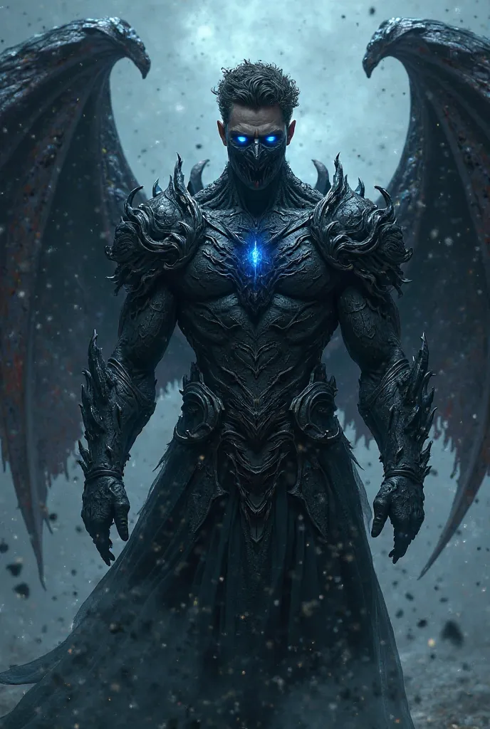 Chained Dark Warrior,with dragon wings ,  demonic armor, mask that covers mouth and nose ,  demonic armor,  short curly hair ,  blue eye pupils,all black and blue 