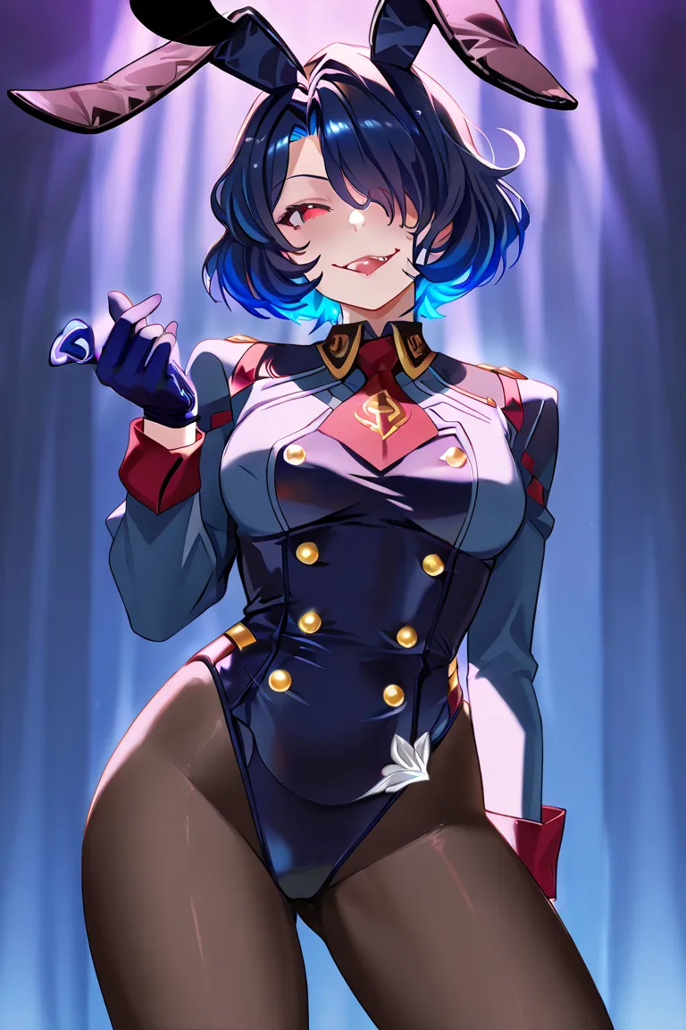 Uniform 1 Big Breasted Girl, blue hair, multicolored hair, detailed eyes, naughty expression, lust,  evil smile, blue glove, red eyes,  short hair, hair over one eye, Sexy bunny outfit