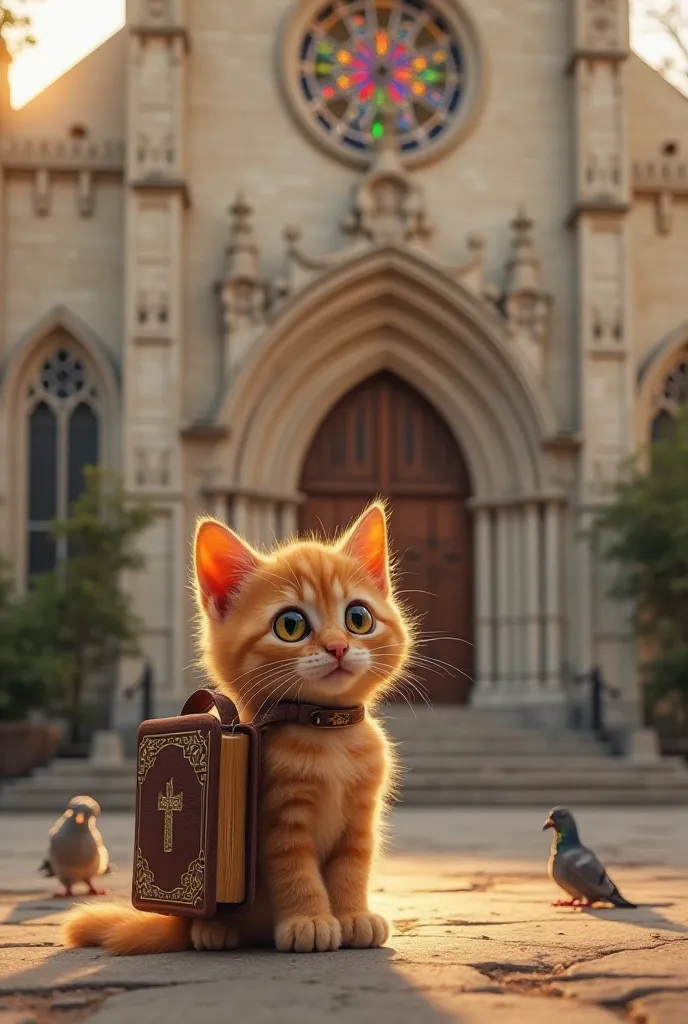 "An adorable orange kitten with soft and slightly creepy fur, with large, glowing eyes in amber, standing in front of a church. He carries his small backpack in the shape of a Bible, with gold details and a discreet cross on the cover. The church is majest...