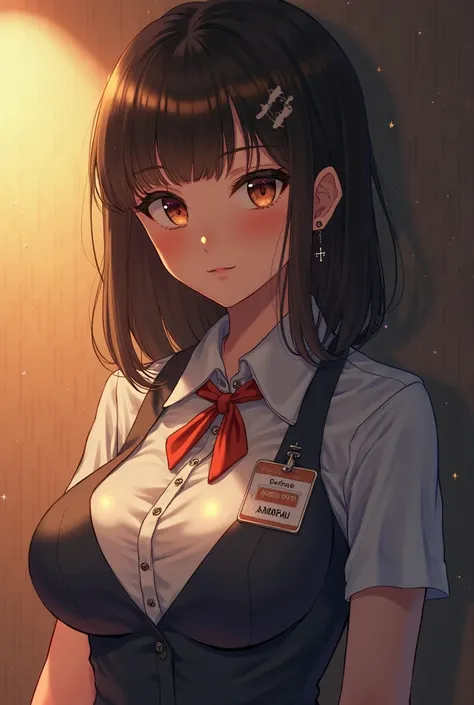  eyes half closed with a beautiful look, orange eyes, very pretty face, cute girl, Alone ,  Medium Hair, ((Black hair with brown tips)), very large breasts that look and stand out, tight office uniform, ID card,  pierced cross earrings , blush, anime,Curvy...