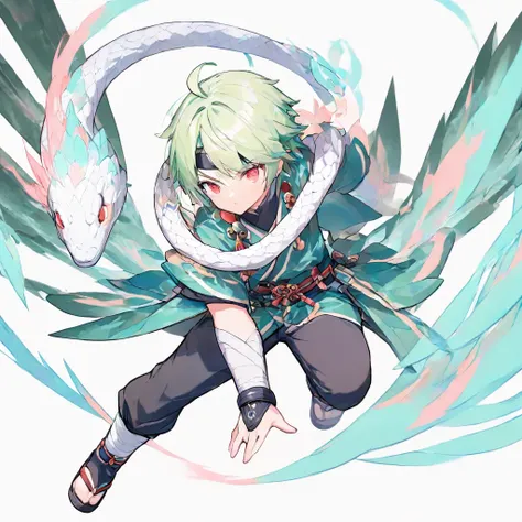 1 boy, cute, shinobi, green hair, ahoge, swept bangs, big red eyes, yellow cross-shaped pupils,
green costume, black forehead protector, White snake around his neck,
full body shot, white background, dynamic pose,
pastel, (masterpiece, best quality, hyper ...