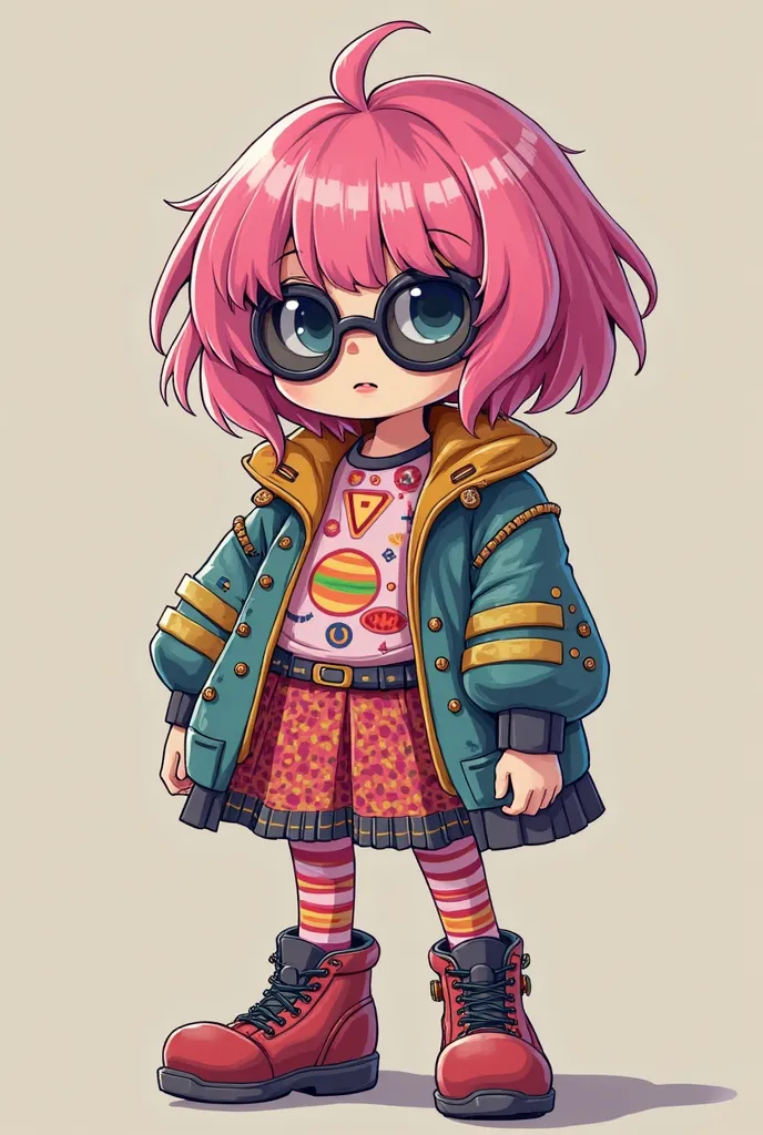 A character wearing a,  dark glasses, costume with short, chubby pink hair to use as a profile picture 