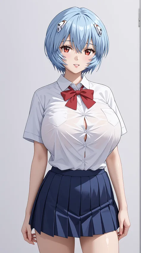 (UHD, retina, masterpiece, accurate, anatomically correct, super detail, high details,   highres, 1080P, 16k、high detail RAW color art:1.3)、 ( Ayanami Rei:1.3)、(short hair、light blue hair:1.3)、(very gigantic breasts:1.5)、(shiny skin:1.3)、(skirt, shirt, rib...