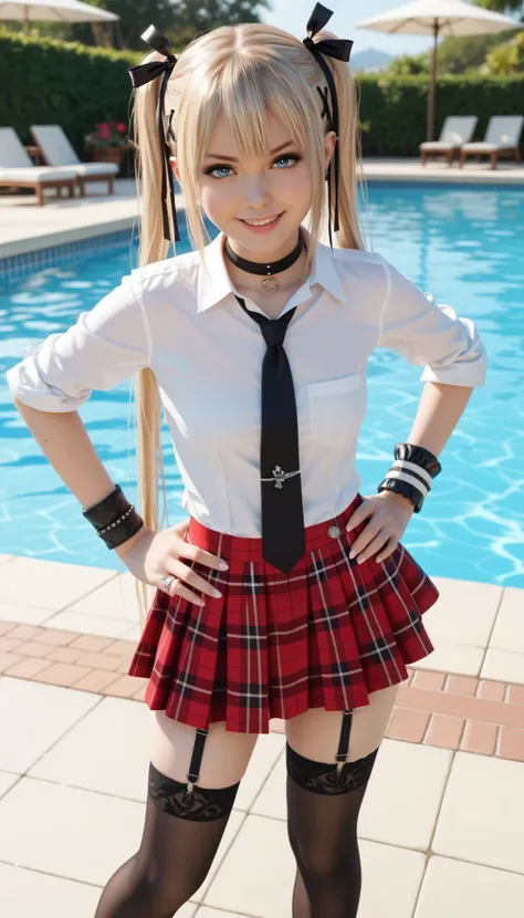 18 years old, mature, marie rose, 1girl, small breasts,
black choker, white shirt, necktie, plaid skirt, wristband, detached sleeves, black thighhighs, garter straps, hand on hip, leaning forward, smirk, background detail enhancer, beautiful outdoor poolsi...