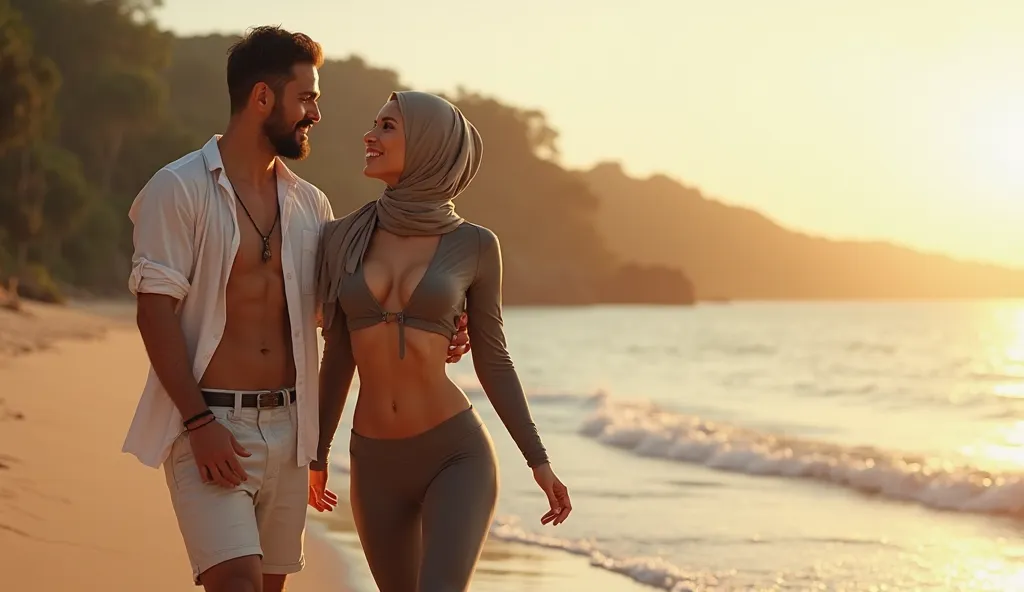 A woman with hijab, naked nude body, little fat body, tight legging, tight shirt, Sexy, walking on the beach with a guy.