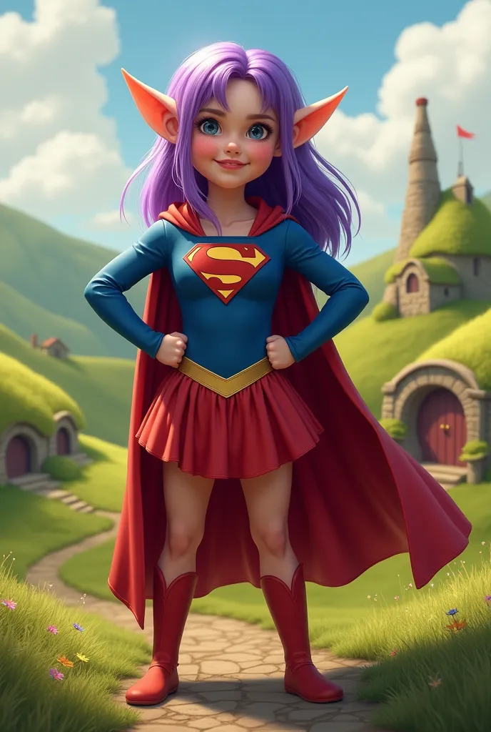 Hobbit as Supergirl with purple hair in the Shire 