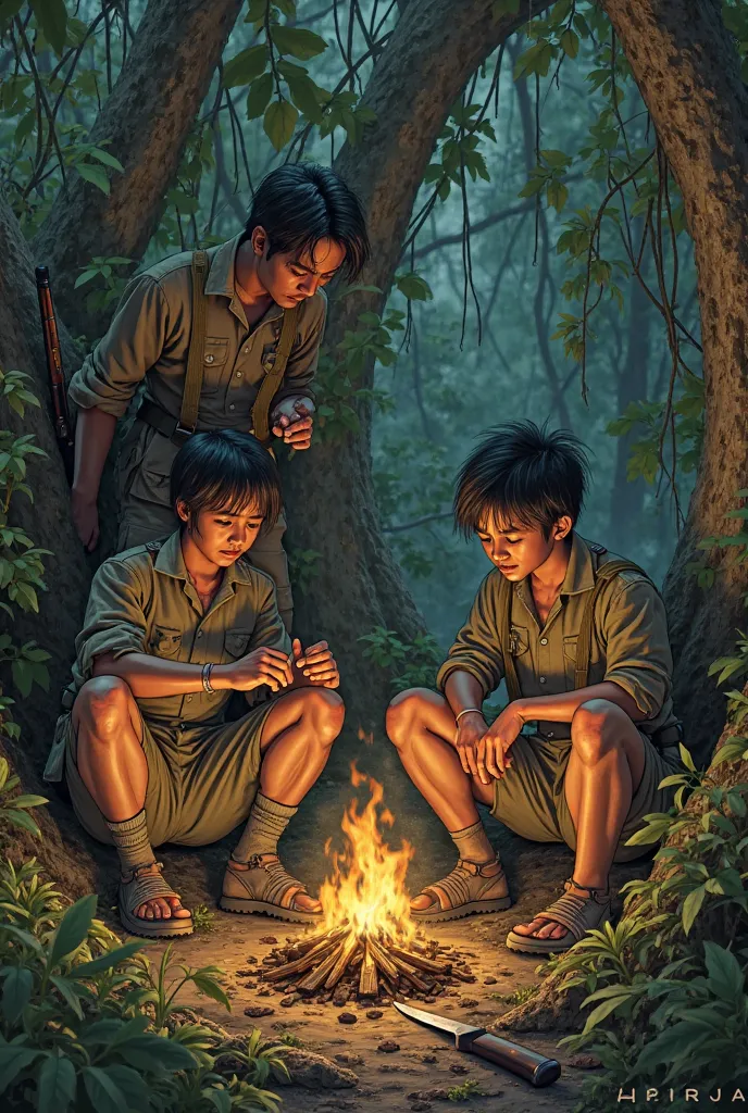 "A realistic depiction of Onoda and his remaining soldiers, living in a makeshift jungle hideout. They wear ragged uniforms and use primitive tools to cook stolen food over a small fire. Their expressions are hardened, showing determination and exhaustion....