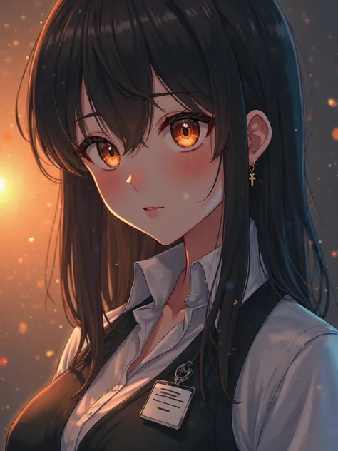  eyes half closed with a beautiful look, orange eyes, very pretty face, cute girl, Alone ,  Medium Hair, ((Black hair with brown tips)), very large breasts that look and stand out, tight office uniform, ID card,  pierced cross earrings , blush, anime,Curvy...