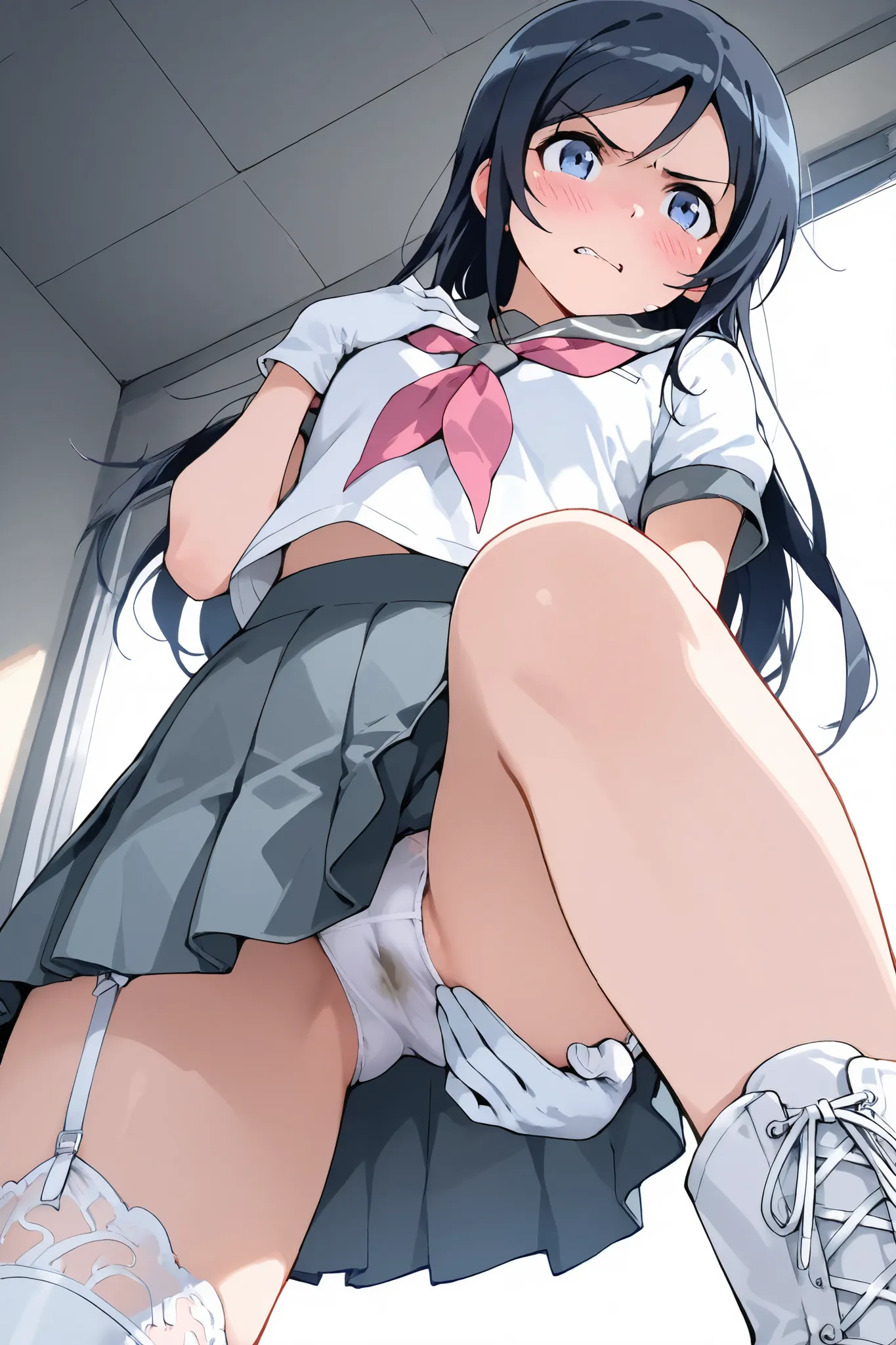 Aragaki Ayase, female 1 person,Alone,
extreme closeup below the chest, low angle,

 black hair, long hair,half up, o, blue eyes,viewers,

spreading panty with hands,
unwearing panty,dirty panty,
very angry,blush,incontinence,contempt,
discomfort,

skirt,sc...